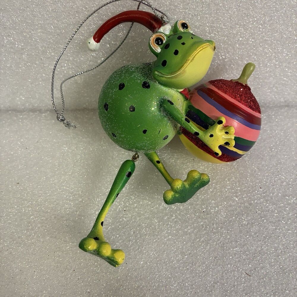 Frog Christmas Ornament Holding A Christmas Ball. Movable Legs. Hand Painted 5” - Picture 5 of 8